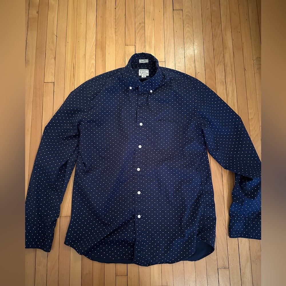 J. Crew Classic Navy & Blue Polka Dot Button Down Long-Sleeve Shirt, Size M
